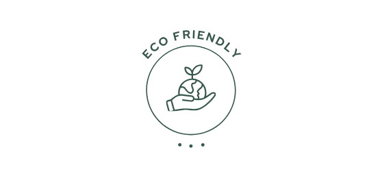 Eco-friendly emblem with a hand holding a small plant inside a circle.