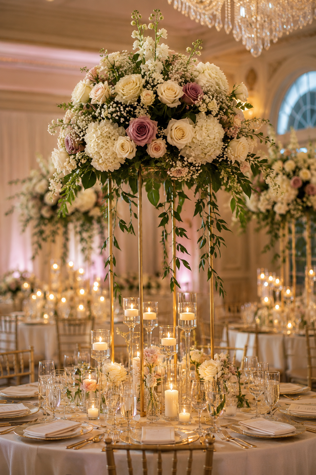 Elegant wedding reception table with large floral centerpiece of white and lavender roses, hydrangeas, and baby's breath, surrounded by lit candles, glassware, and gold tableware in a luxurious ballroom with chandeliers.