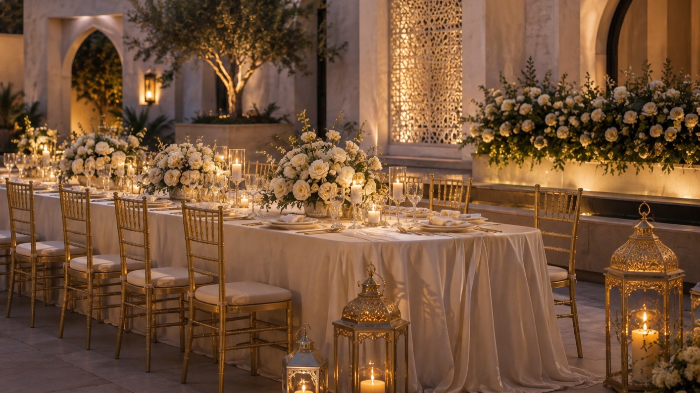 Elegant wedding reception with white floral centerpieces, gold chairs, candlelight, and warm ivory décor.