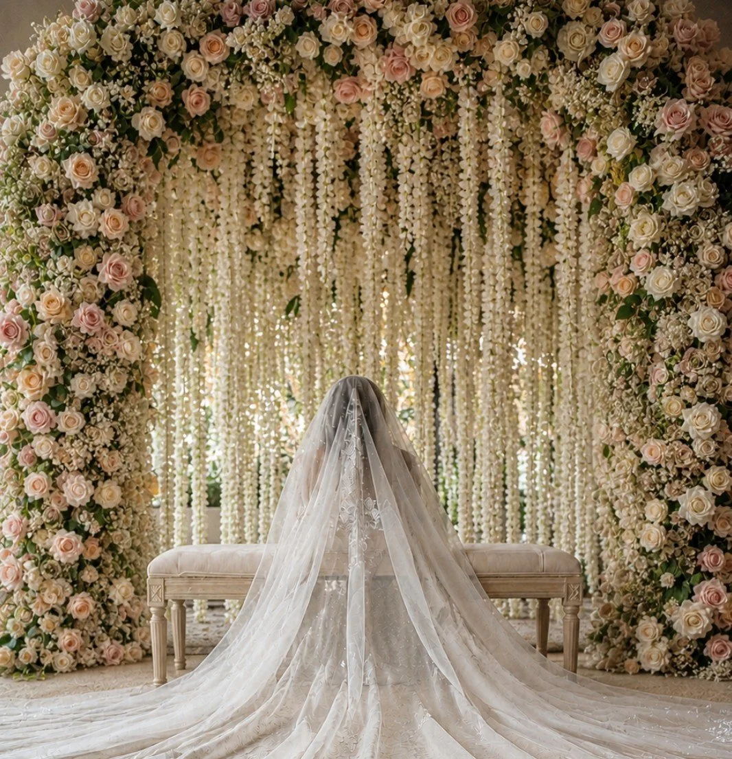 Bride seated beneath a pink and white floral wedding arch designed for an elegant indoor ceremony.