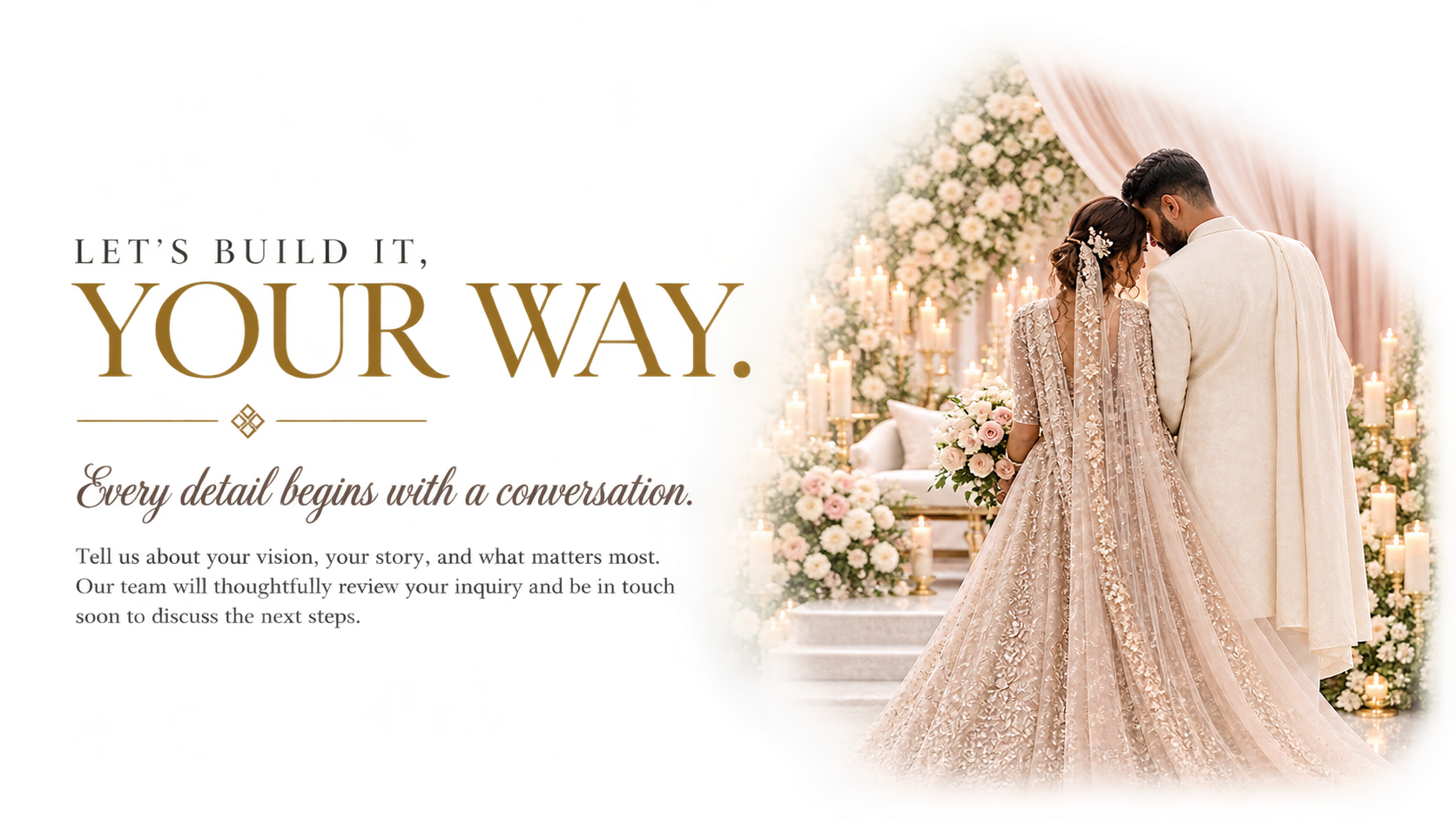 Bride and groom during an elegant candlelit wedding ceremony surrounded by floral décor.