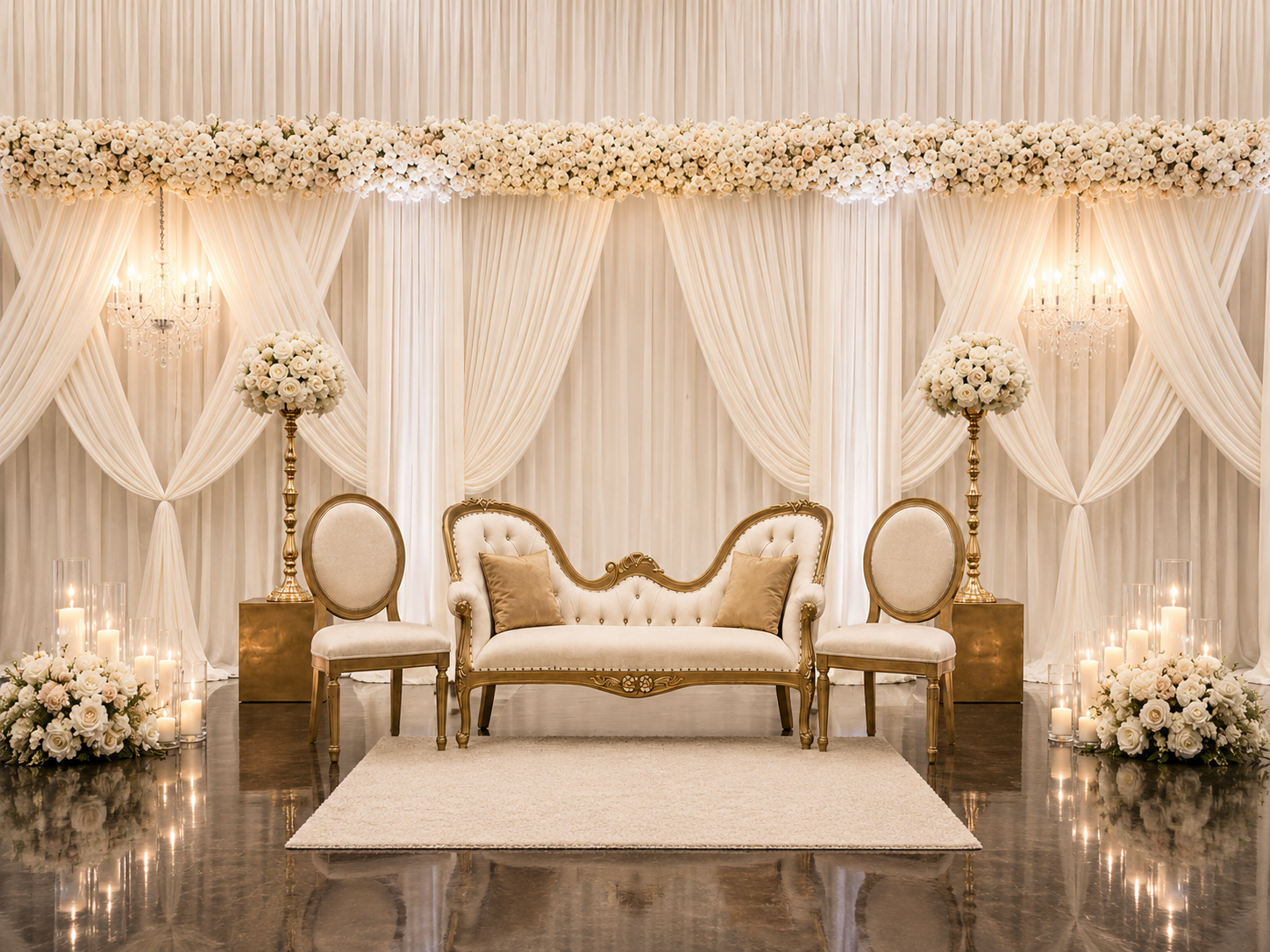 Elegant wedding decor with cream-colored drapes, chandeliers, floral arrangements, and vintage-style furniture.
