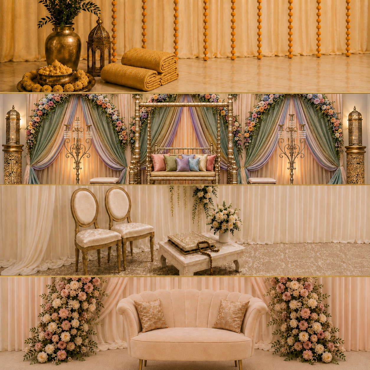 Elegant wedding stage decorated with floral arrangements, draped curtains, and plush seating.