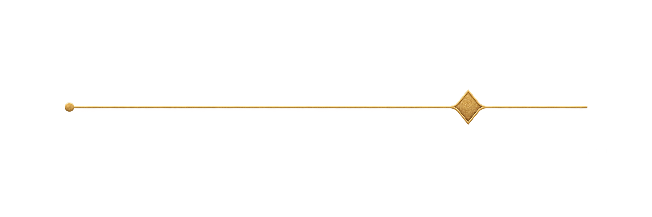A long, thin, gold-colored object with a red dot at one end and a diamond-shaped detail in the middle.