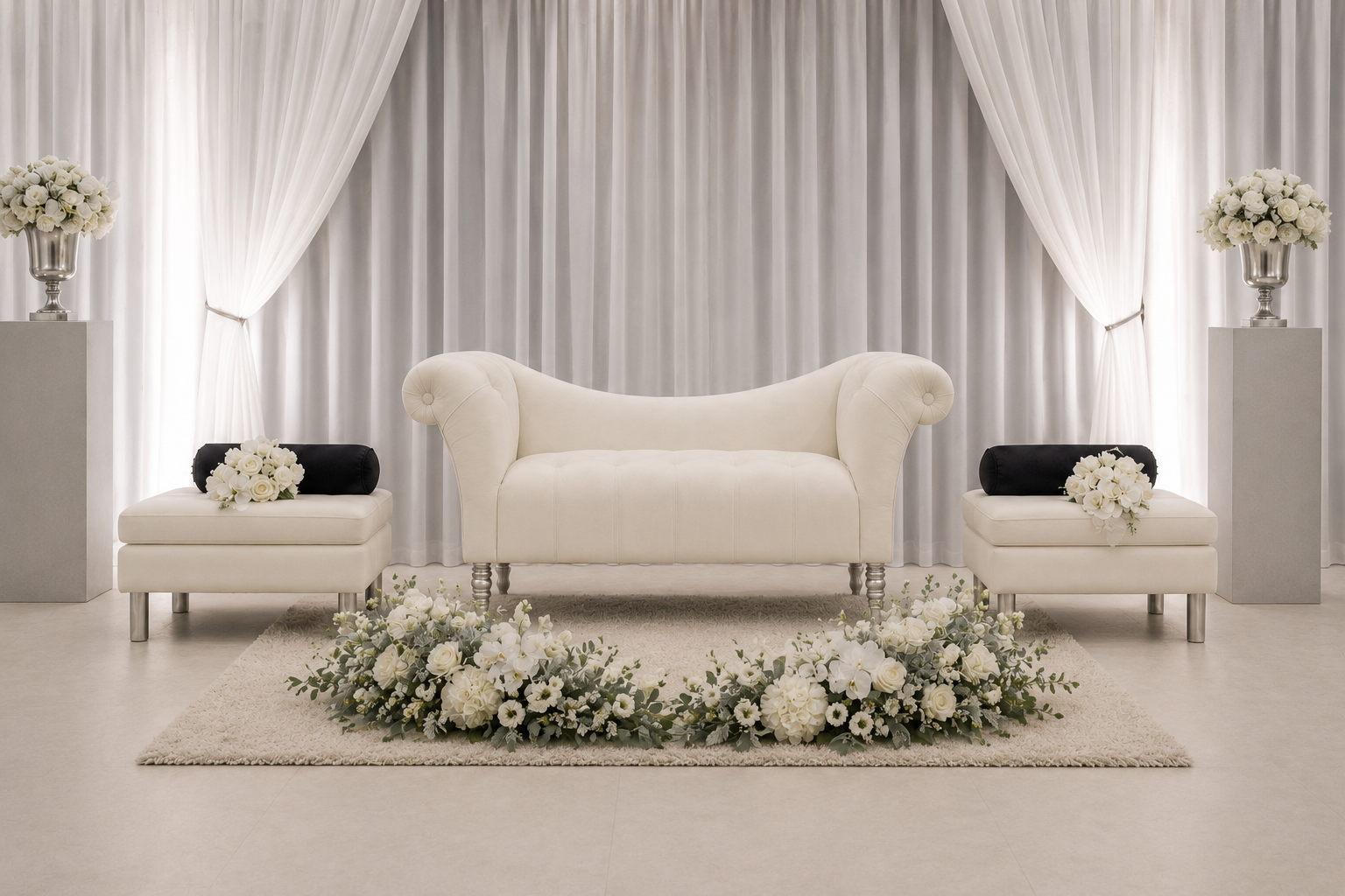 White ceremonial sofa framed by ivory draping and soft floral arrangements.