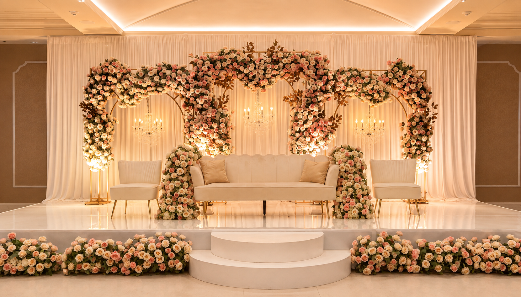 Ivory wedding stage with blush and white florals, draped backdrop, chandeliers, and white sofa.
