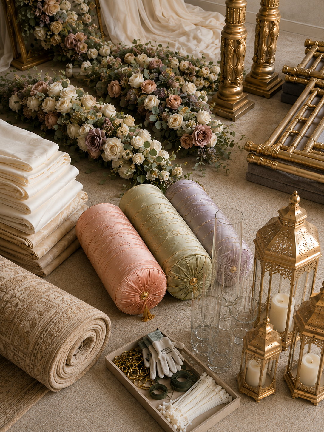 Assorted wedding decorations including fabric rolls, floral arrangements, gold pillars, glass vases, lanterns with candles, rings, gloves, and ribbons arranged on a beige carpet.