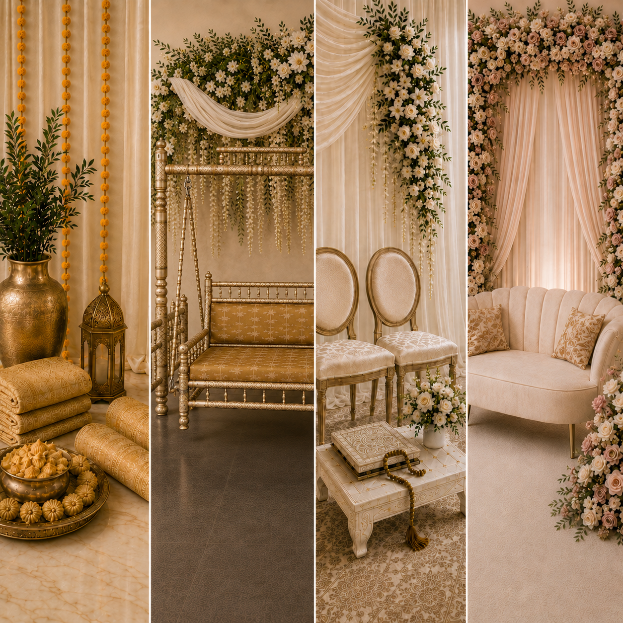 Elegant wedding or event draped fabric and floral arrangements over vintage-style furniture, including chairs, a sofa, and decorative accents in soft, neutral tones.