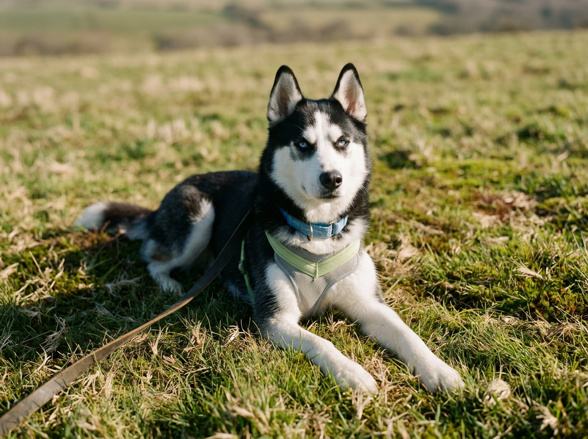 A black and white Siberian Husky dog with blue eyes lying on a grassy field, wearing a harness and leash, during daytime.