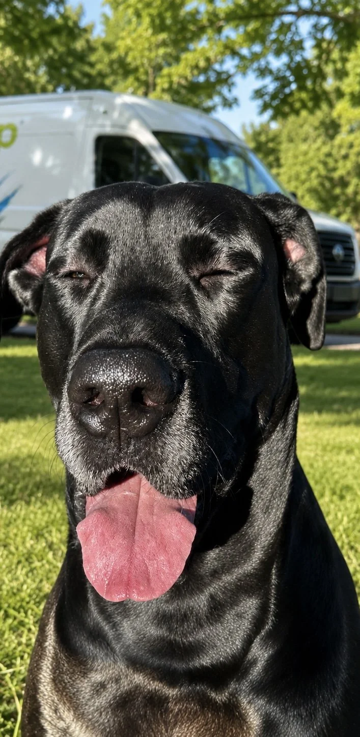 Black dog with its tongue out, outdoors on green grass, against a background of trees and a white van.