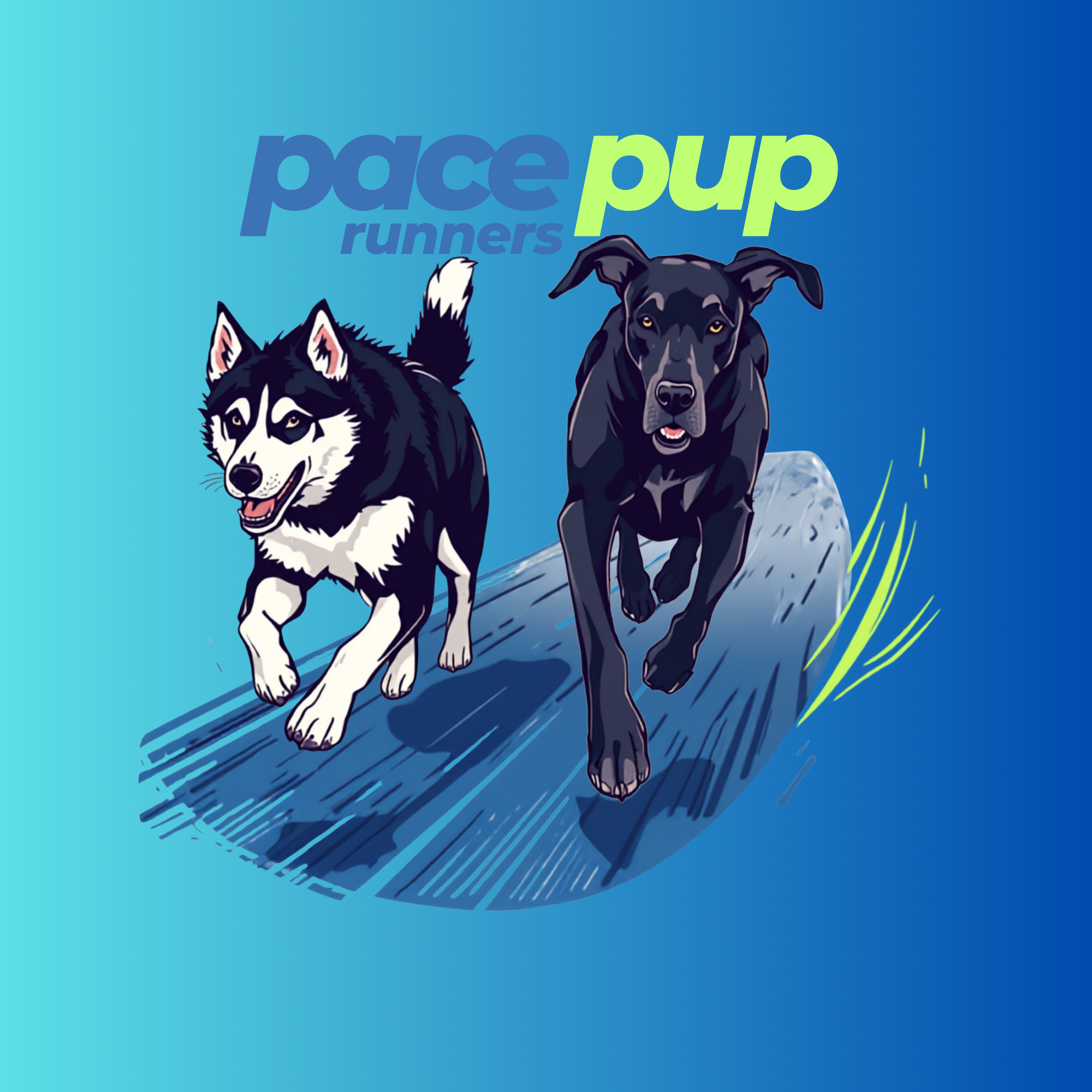 Illustration of a husky and a black dog running on a trail with mountains in the background, with the text 'pacepup runners' at the top.