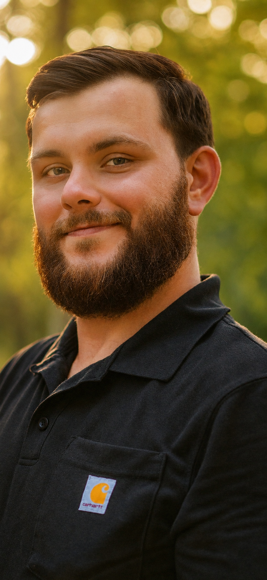 A smiling man with a beard and short brown hair, wearing a black Carhartt shirt, standing outdoors with a blurred background of trees and warm sunlight.