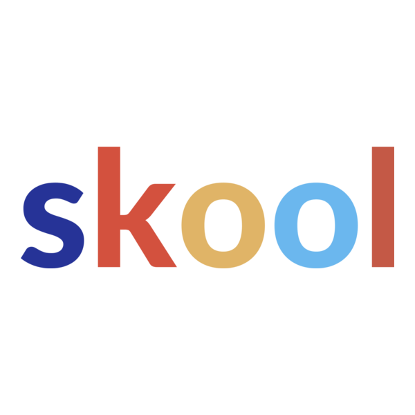Colorful word 'skool' in lowercase letters with each letter in a different color on a white background.