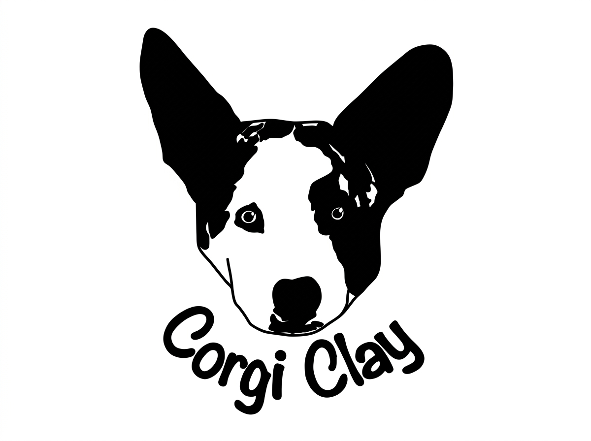 Black and white illustration of a dog’s face with pointy ears, likely a Border Collie, with the text 'Corgi Clay' beneath it.