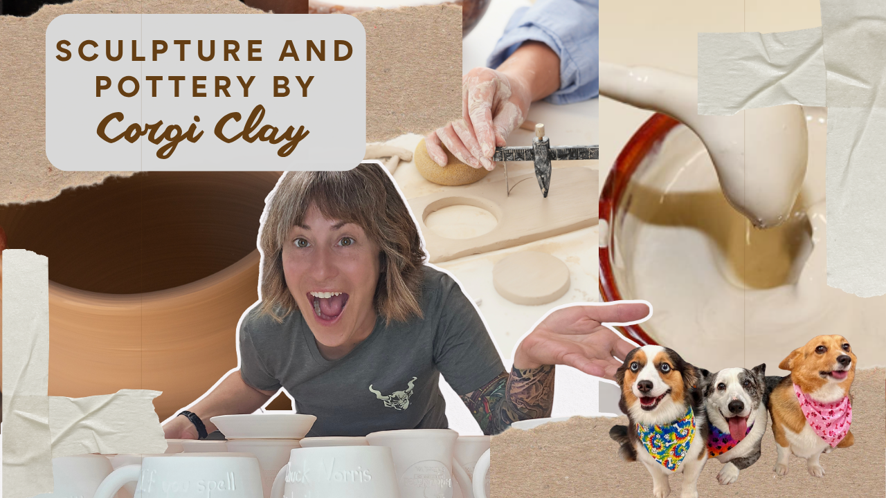 Collage featuring pottery pots, a woman shaping clay on a pottery wheel, a close-up of creamy clay being poured, a woman working with clay, and three dogs with colorful bandanas.