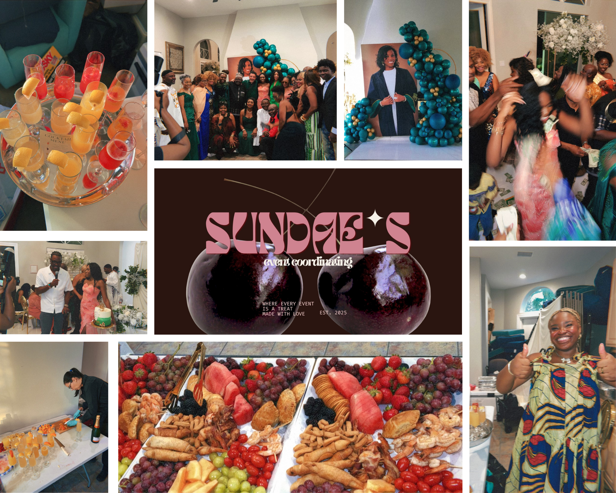 Collage of images from a celebration event featuring a group photo of attendees, a balloon arch, a cake, a woman speaking into a microphone, and a decorated table with an assortment of fruits and pastries.