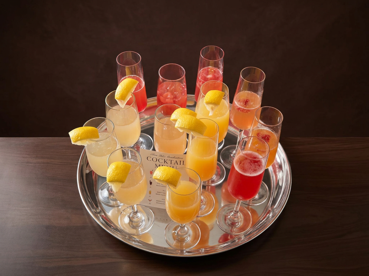 Assorted cocktails on a round silver tray, garnished with lemon wedges, including champagne flutes with light-colored drinks, and various fruity-colored beverages with bubbles.