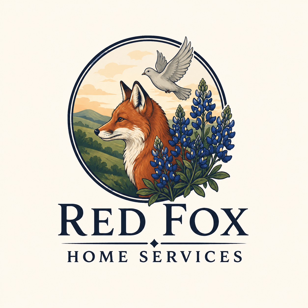 Logo for Red Fox Home Services featuring a fox, a bird, mountains, and blueflowers.