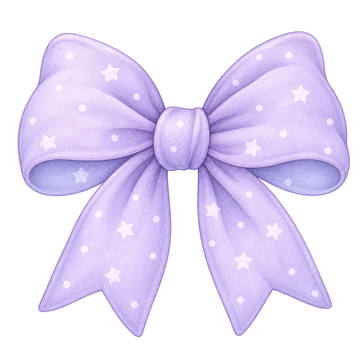 A purple bow with polka dots and star patterns.
