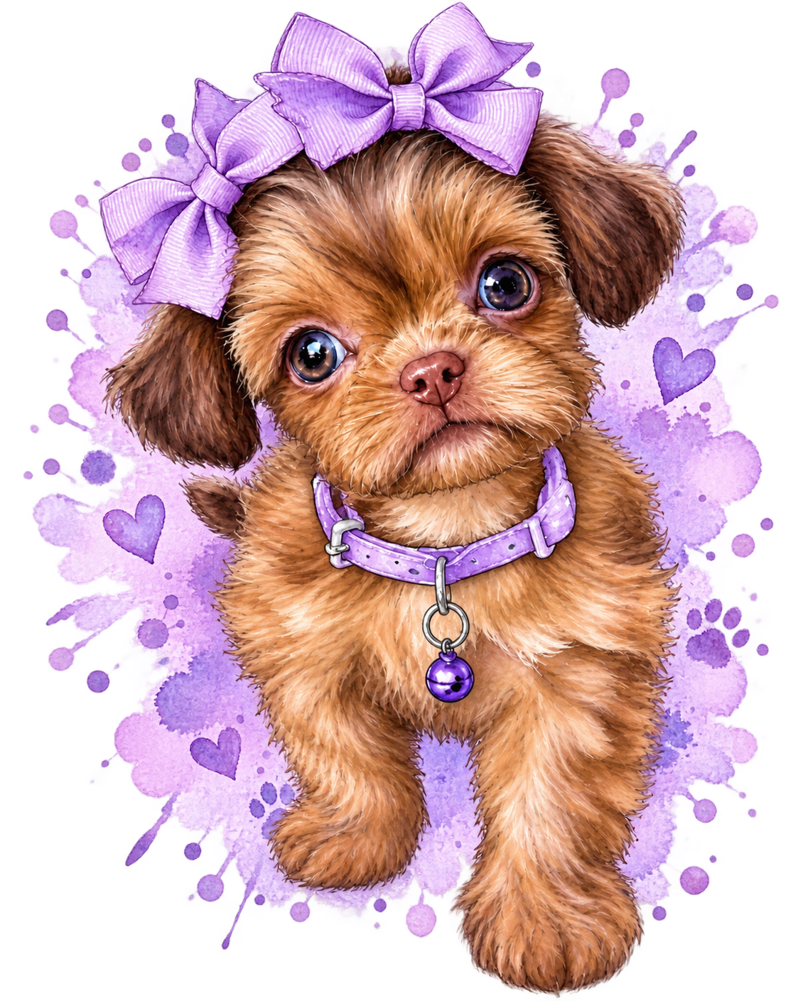 Cute brown puppy with big eyes and a purple bow on its head, surrounded by purple hearts and watercolor splashes.
