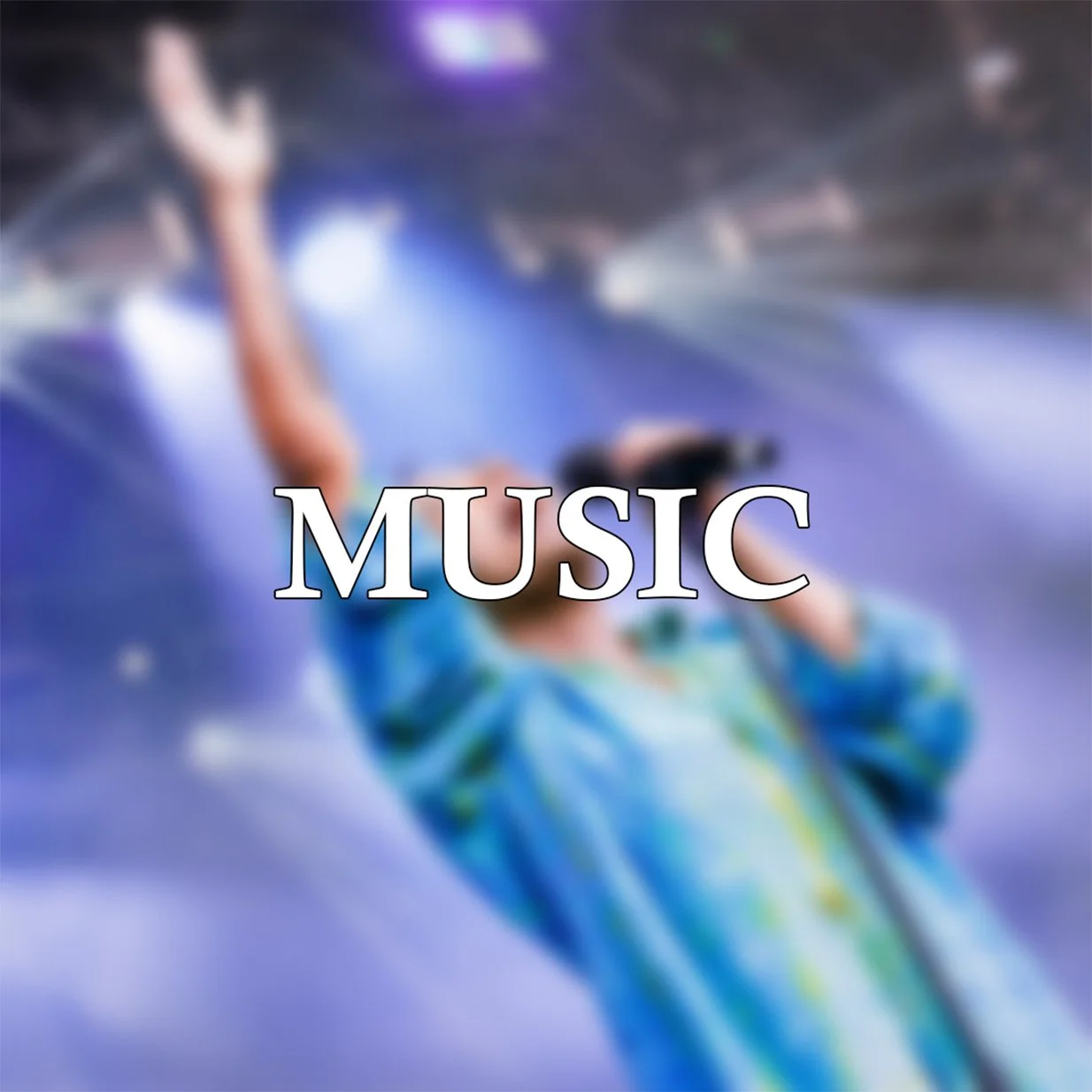A person singing into a microphone on stage with vibrant blue lighting, with the word 'MUSIC' displayed across the image.