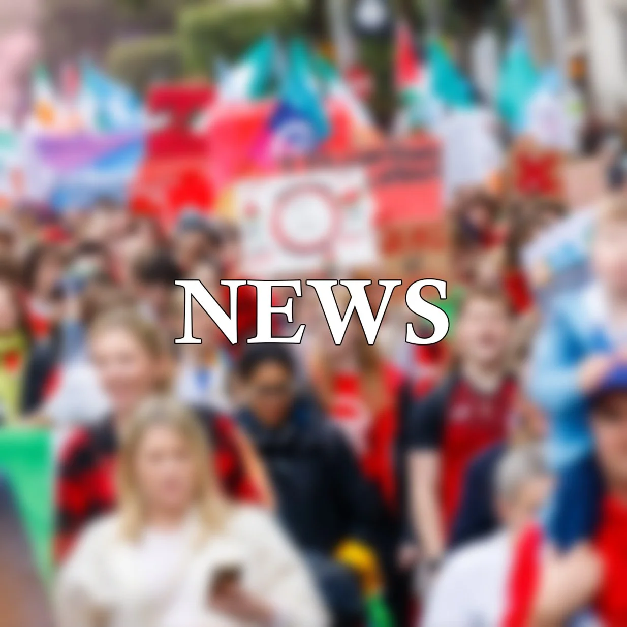 A blurred crowd of people gathered outdoors with colorful flags and banners, and the word 'NEWS' overlaid.