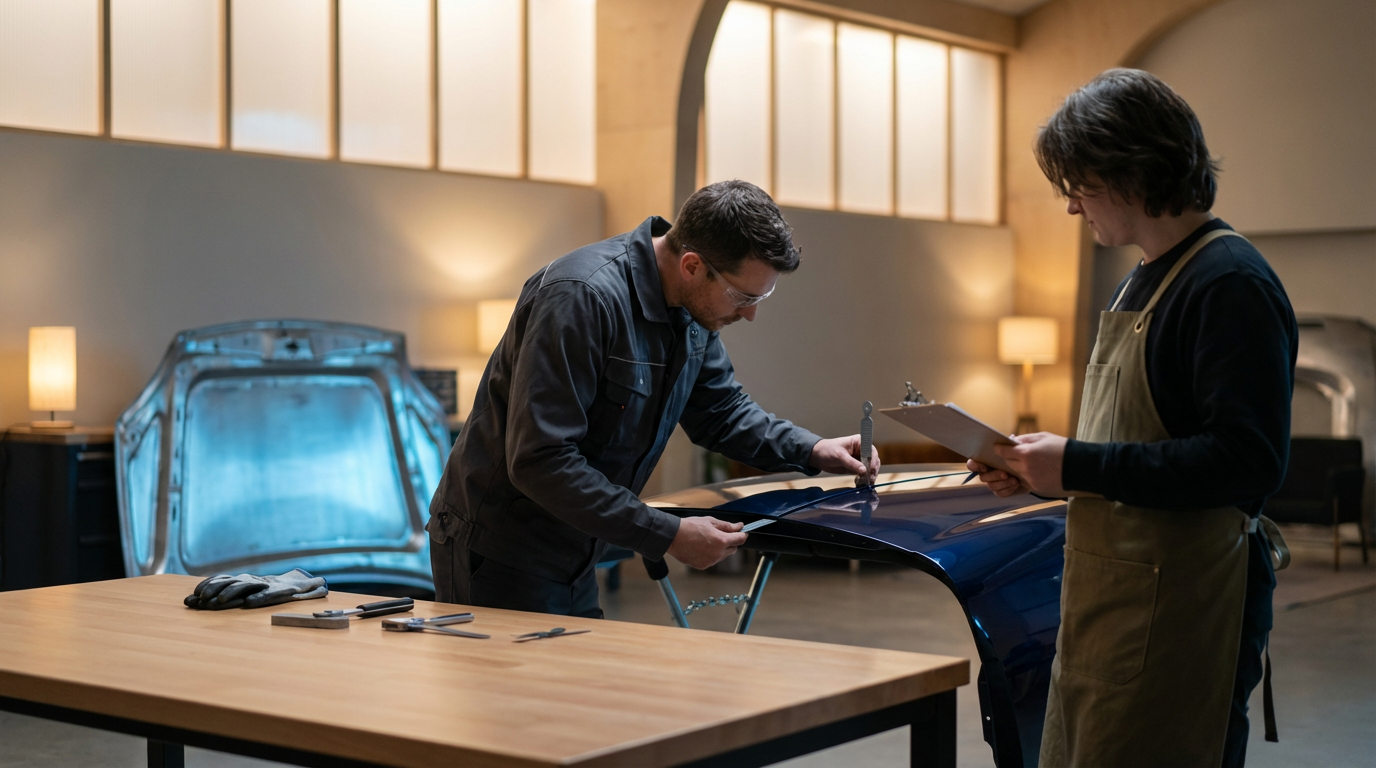 Two men working on a car hood at a workshop, one using a tool and the other holding a clipboard, with tools on the table.