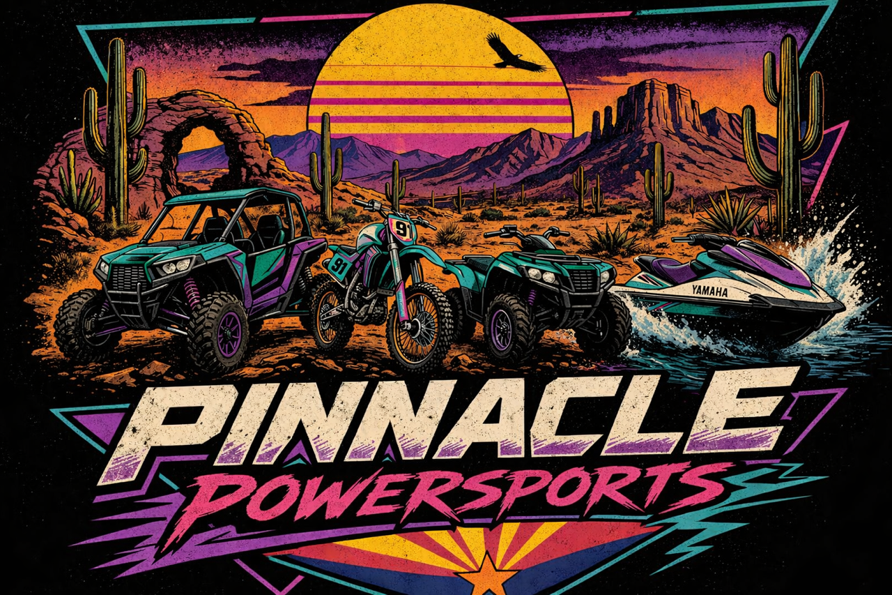 A digital illustration of a desert landscape featuring pinstripe-styled ATVs, a dirt bike, and a jet ski, with a vibrant sunset, mountains, cacti, and rock formations in the background, overlaid with the text "PINNACLE POWERSPORTS" in bold letters.
