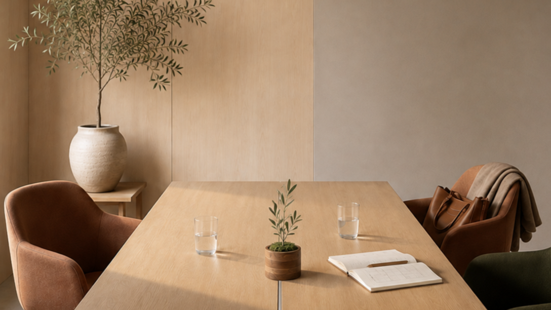 A minimalist meeting room with a wooden table, two glasses of water, a notebook, a potted plant, and surrounded by chairs, with a large potted tree in the corner.