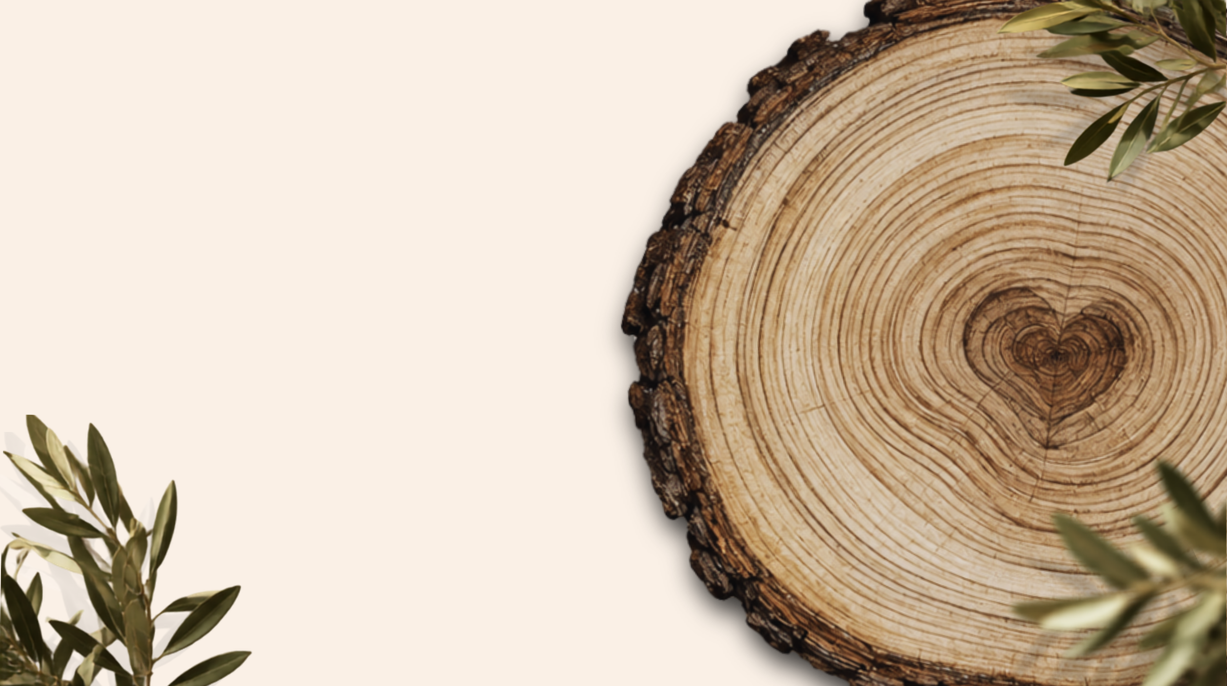 Close-up of a tree cross-section with visible growth rings, surrounded by green leafy branches on a light background.