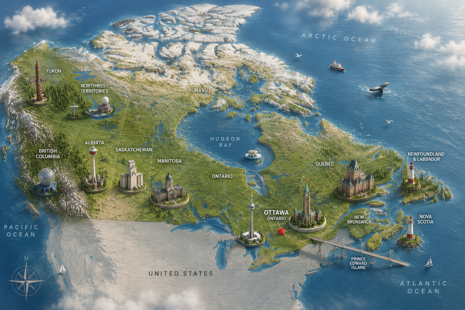 Map of Canada with landmarks and regions labeled, including Yukon, Northwest Territories, Nunavut, Hudson Bay, Quebec, New Brunswick, Nova Scotia, Prince Edward Island, Ontario, Manitoba, Saskatchewan, Alberta, British Columbia, and Newfoundland & Labrador. Features include a whale in the Atlantic Ocean, a ship in the Arctic Ocean, a bear near Hudson Bay, and several landmarks such as a totem pole, CN Tower, Parliament Hill, and lighthouses. The map has a detailed topographical style with mountain ranges, forests, and water bodies.