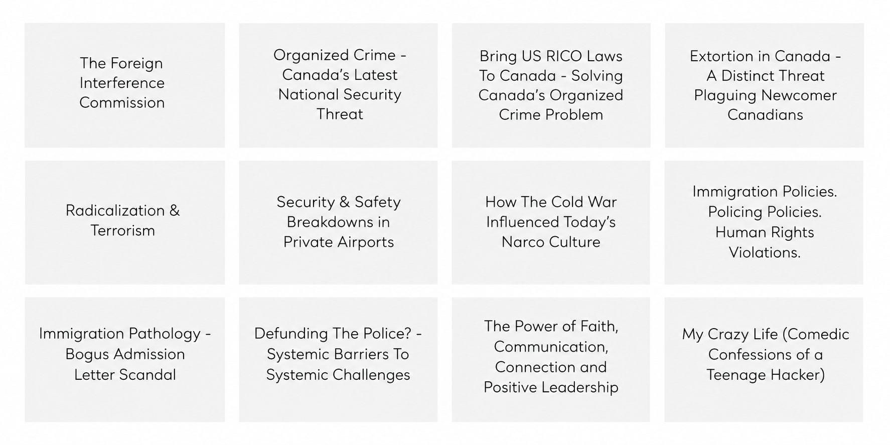 A grid of nine text boxes with various topics related to security, politics, and social issues, including titles like 'The Foreign Interference Commission,' 'Organized Crime - Canada's Latest National Security Threat,' and 'My Crazy Life (Comedic Confessions of a Teenage Hacker).'