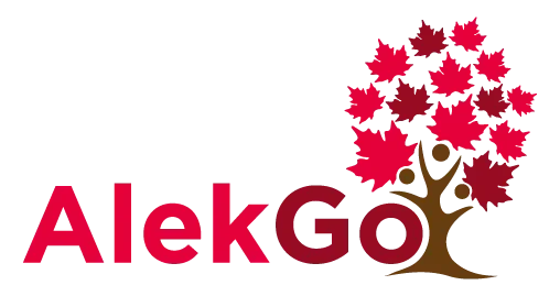 Logo of AlekGo with a stylized tree with red leaves.
