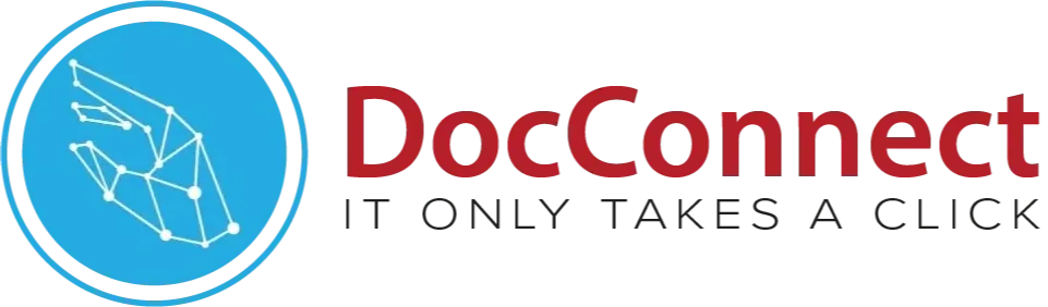 DocConnect logo featuring a stylized hand and network nodes next to the company name