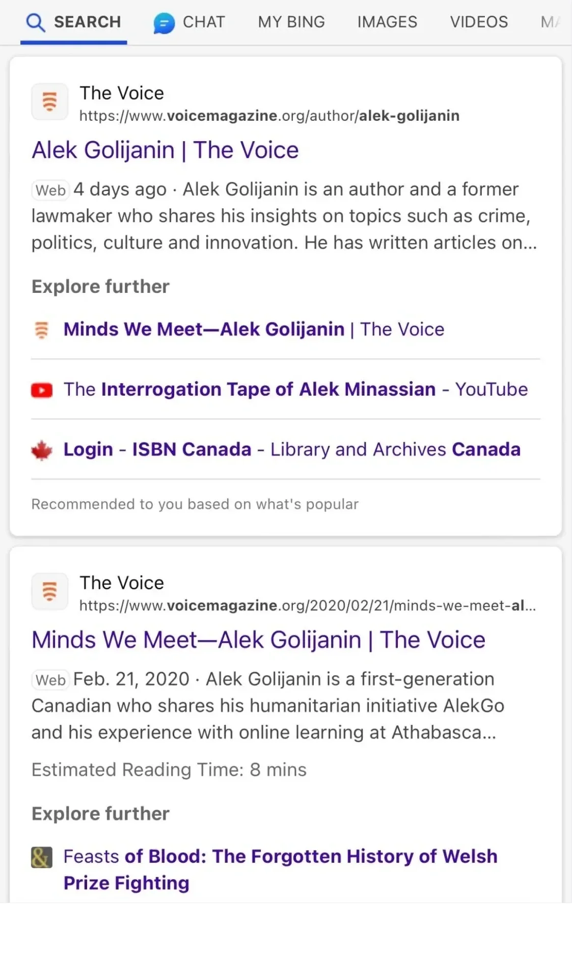 Search results page showing links to articles about Alek Golijan, including a biography, a podcast episode, a YouTube video, and a Canadian human rights initiative.