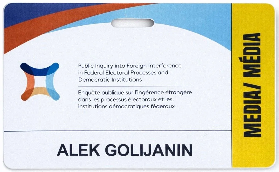 Card with a logo, title in English and French about foreign interference in elections, and the name Alek Golijan in bold.