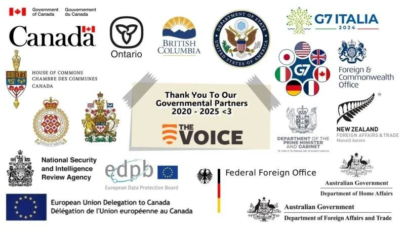 Collage of government and international organization logos, including Canada, Ontario, British Columbia, USA, UK, G7 Italia 2024, Foreign & Commonwealth Office, New Zealand Foreign Affairs & Trade, Department of the Prime Minister and Cabinet, Canadian House of Commons, National Security and Intelligence Review Agency, European Data Protection Board, European Union Delegation to Canada, Federal Foreign Office, Australian Government Department of Home Affairs, Department of Foreign Affairs and Trade, and others, centered around a message of thanks to governmental partners from 2020 to 2025.