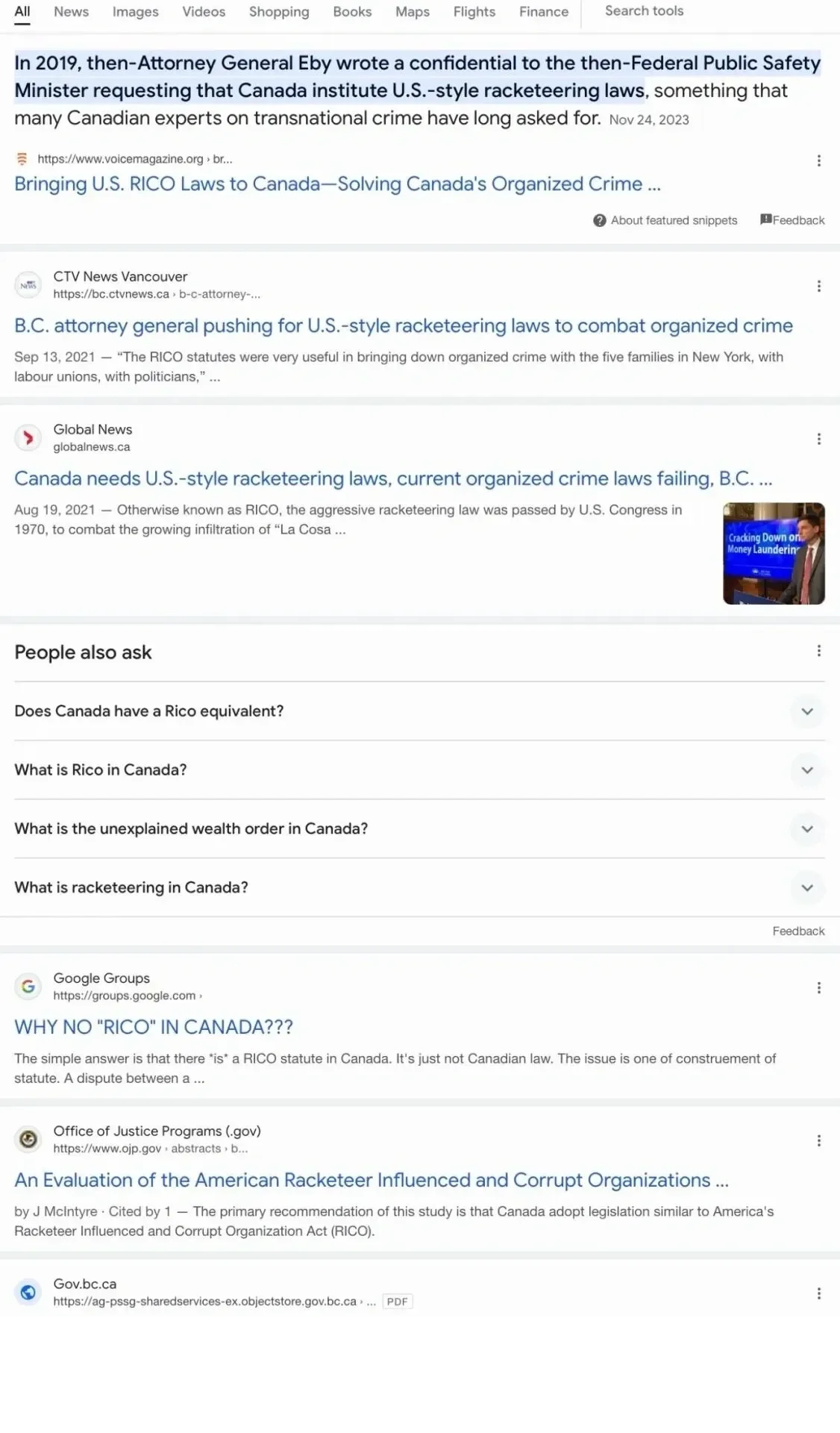 A screenshot of search engine results about U.S.-style racketeering laws in Canada, including articles, questions, and a small video thumbnail.