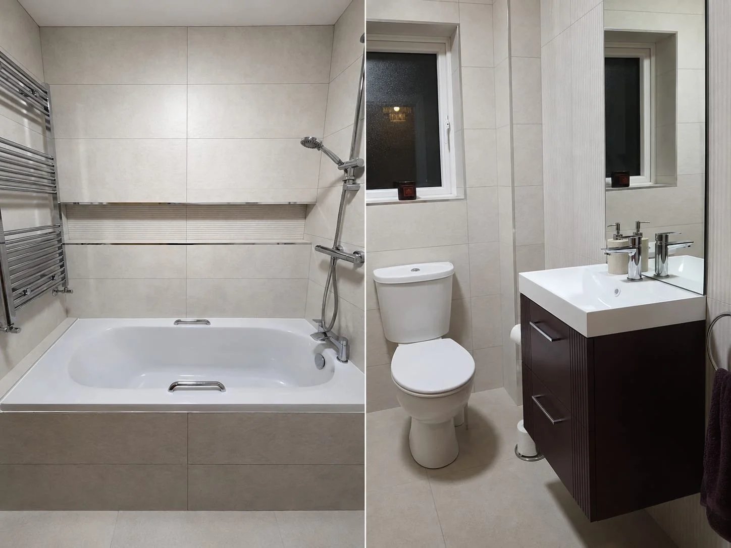 Modern bathroom with shower and bathtub on the left, and toilet with sink and mirror on the right, featuring neutral-colored tiles and fixtures.