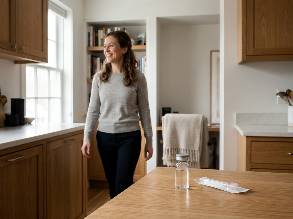 A women preparing an injectable wellness treatment in a comfortable home setting.