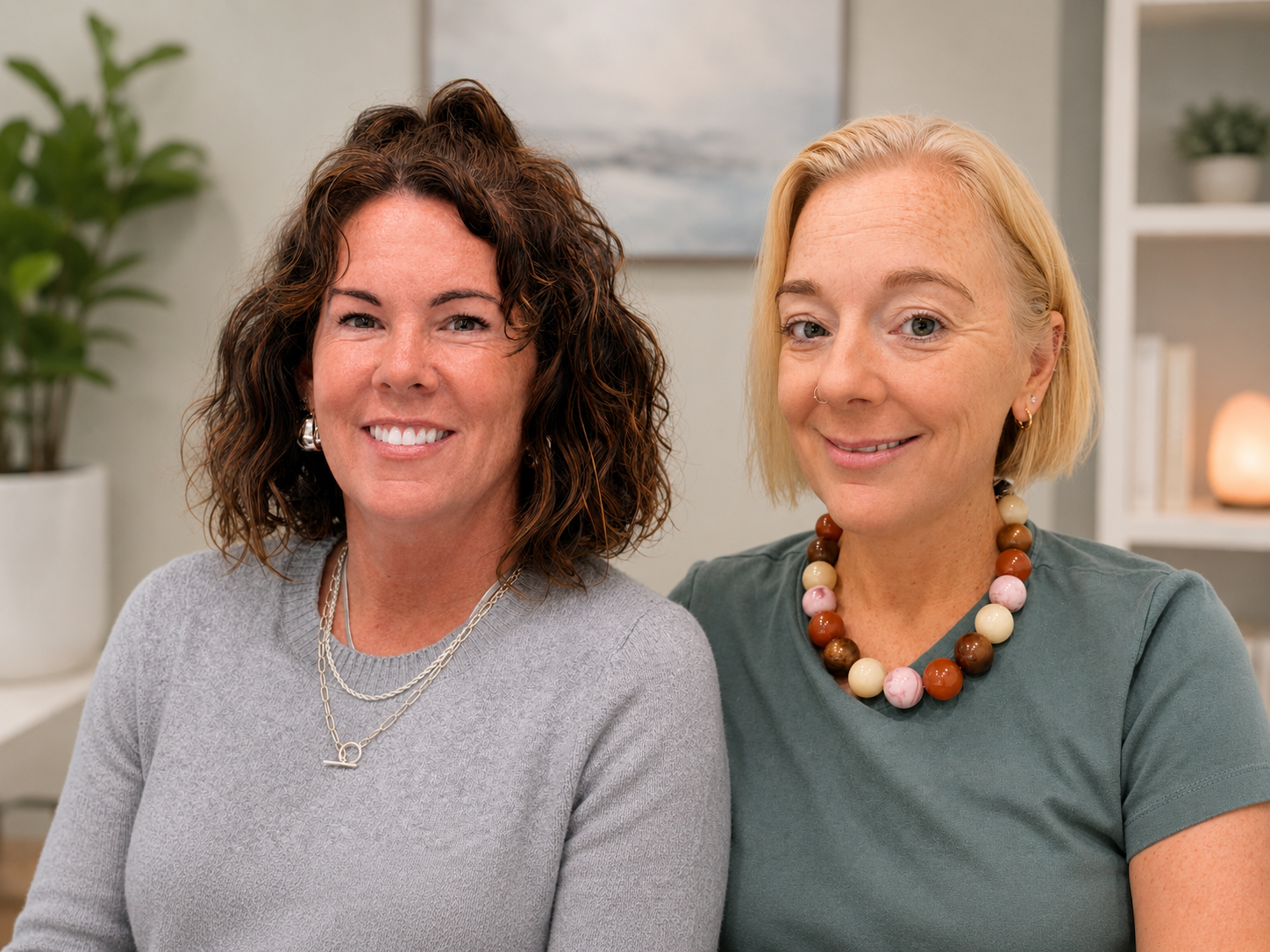 Two women sitting close together, smiling at the camera, in a room with bookshelves, plants, and a lamp in the background.