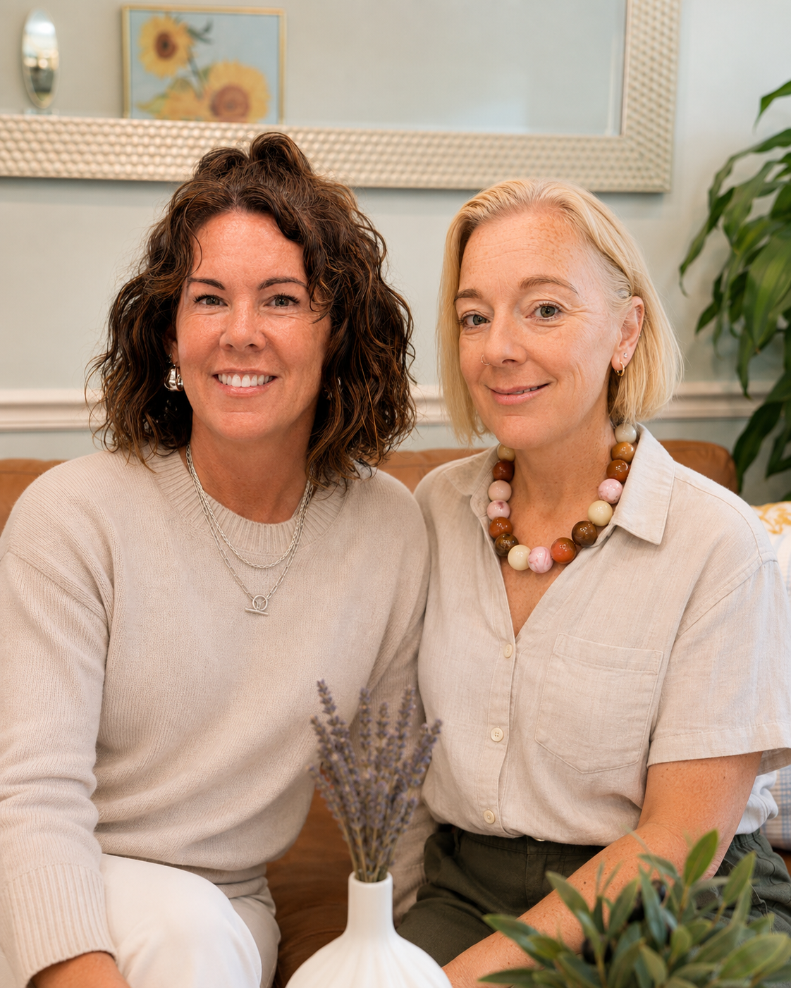 Two women sitting on a couch, smiling at the camera inside a room with a mirror, a painting of sunflowers, and potted plants in the background.