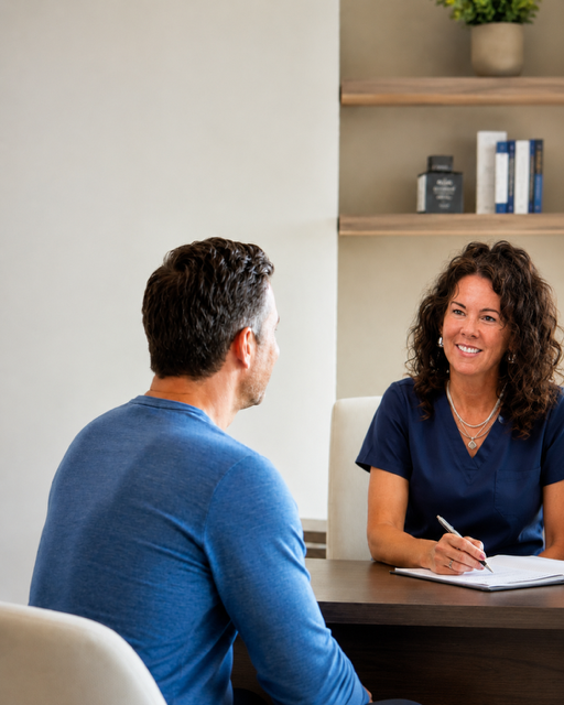 A Lexingtonw Wellness and weight loss nurse practitioner and man sitting a desk discussing testosterone replacement in a comfortable office setting.
