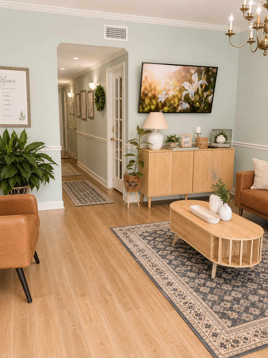 Living room with wooden furniture, plants, a wall-mounted TV, a chandelier, and decor accents.