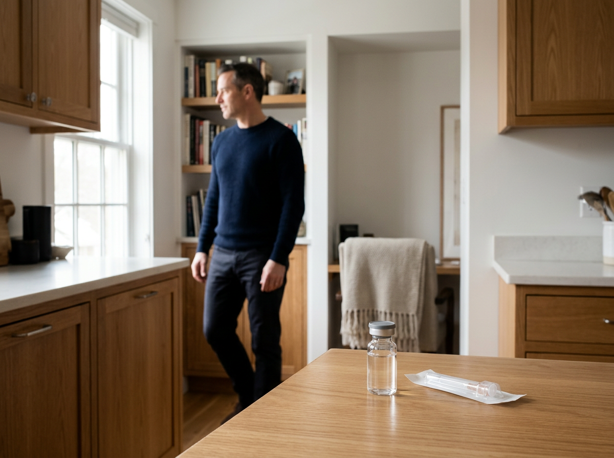 Man standing in kitchen preparing for a home wellness injection