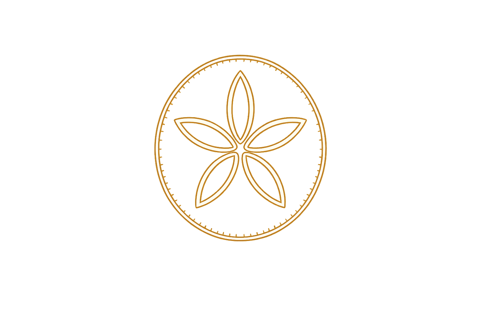 A minimalist logo featuring a golden outline of a stylized flower with six petals inside an oval frame, set against a black background.