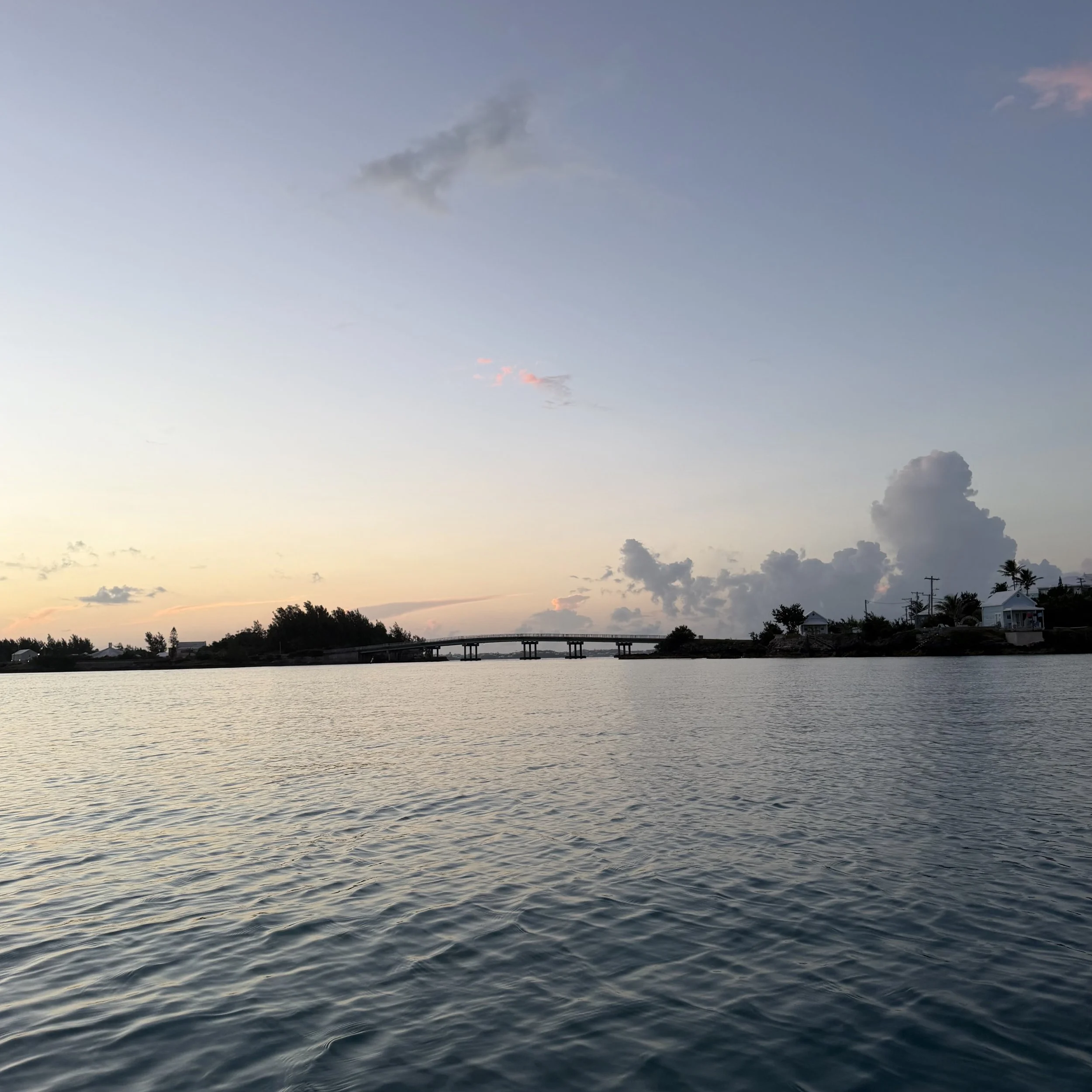 A body of water with rippling waves, a bridge in the distance, and houses with palm trees along the shoreline under a sky with clouds at sunset.
