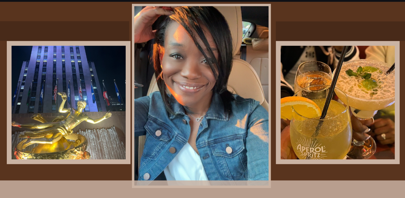 A collage of three photos. The first photo shows a tall building with flags and a large golden fountain statue of a woman in a flowing dress. The second photo is a close-up of a smiling woman with short black hair, wearing a denim jacket, sitting in a car. The third photo features three colorful cocktails with garnishes, including orange slices and mint leaves, on a table.
