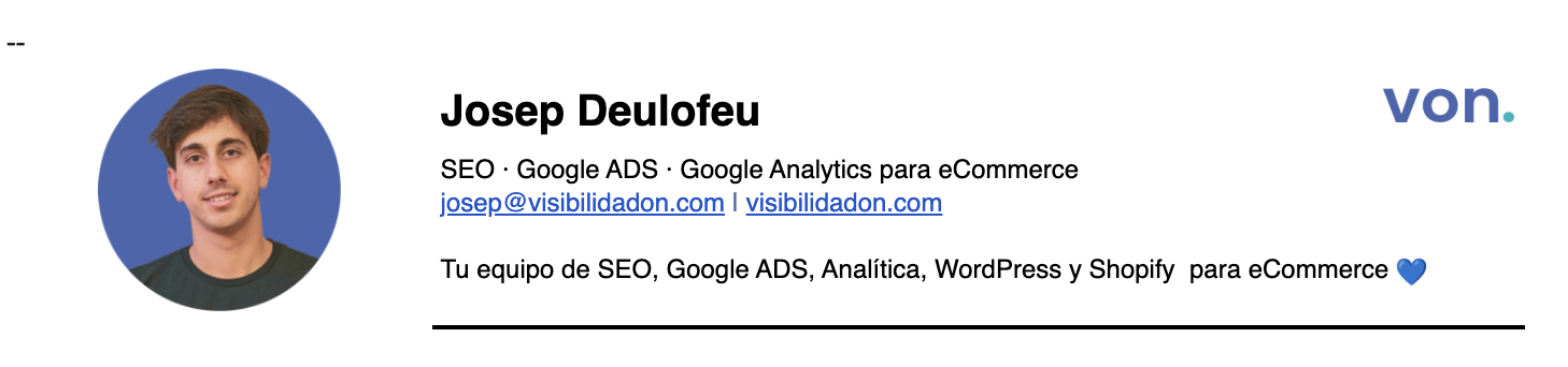 Business card with a photo of a young man with short brown hair, text with the name 'Josep Deulofeu,' and details about SEO, Google Ads, and analytics services, including email and website links. The card features a blue accent color, a logo reading 'von,' and a small blue heart icon.