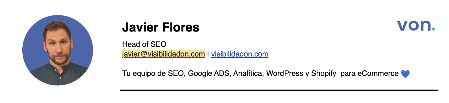 Business card for Javier Flores with a profile picture, name, title, email, website, and a brief description in Spanish of SEO and eCommerce services.
